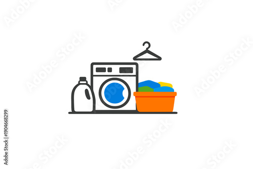 Washing machine with detergent and laundry basket in a laundry room during a Saturday afternoon