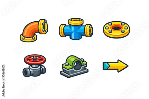 Collection of colorful pipe fittings and connectors used in plumbing and construction tasks in industrial and commercial settings