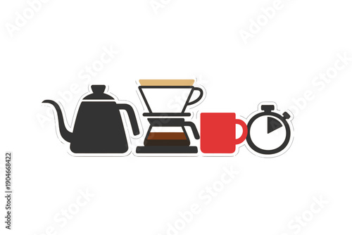 Brewing coffee with a kettle, coffee maker, cup, and timer in a simple setting for morning routine