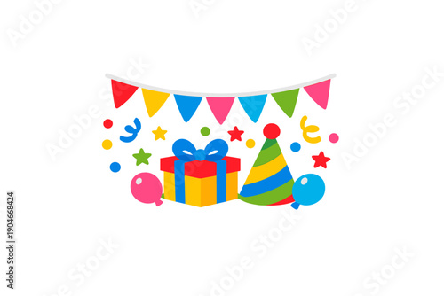 Colorful decorations and gifts for a birthday celebration with party hats and balloons in a festive setting during a joyful event