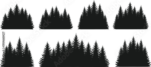 Set of pine tree forest silhouettes, coniferous wood vector illustrations collection, spruce fir nature landscape design elements, black horizon isolated on white.