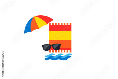 Colorful beach setup with a sun umbrella, beach towel, sunglasses, and waves on a bright background
