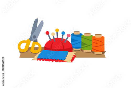 Craft supplies for sewing on a worktable with scissors, a pincushion, and colorful spools of thread displayed in a bright setting