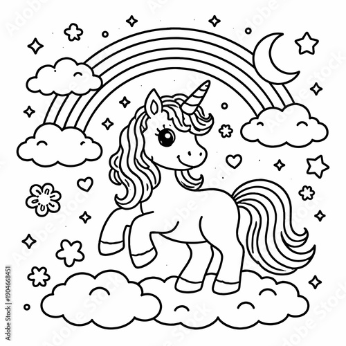 Cute hand drawn line art style unicorn coloring illustration with rainbow, clouds and stars, magical fantasy scene for kids