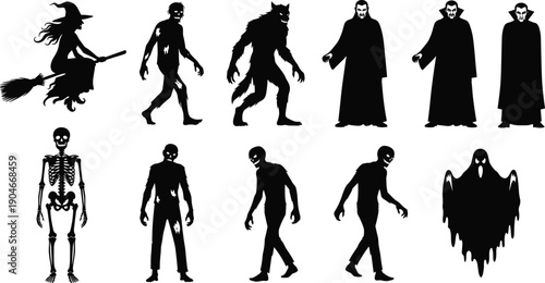 Black silhouette vector set of spooky Halloween characters including a witch on broom zombie werewolf vampire skeleton and ghost for horror holiday party design concepts