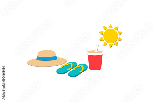 Hat, drink, and sandals on a white background showing a summer theme with bright sun and holiday vibes