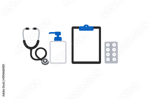 Medical tools arranged on a table with a stethoscope, hand sanitizer, clipboard, and a pack of pills at a healthcare setting in a hospital room