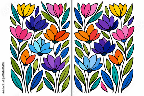Colorful folk art style symmetrical floral illustration with hand drawn flowers and leaves, decorative botanical composition on white background