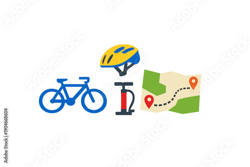 Different tools for biking include a bike, a pump, a helmet, and a map with marked locations that help in planning routes for biking trips