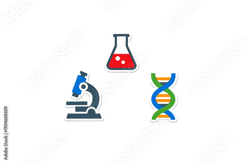 Science tools in education and research with a microscope, a beaker, and a DNA strand shown together in a simple design