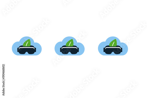 Virtual reality glasses with green leaves floating in clouds over a creative background, symbolizing nature and technology combined in a digital world
