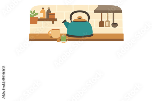 Kitchen scene with kettle, cup, and plants showing daily routines of making tea at home during morning or afternoon hours