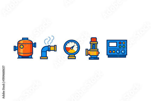Different types of equipment and tools used in plumbing and fluid control systems for various industrial applications in a factory setting