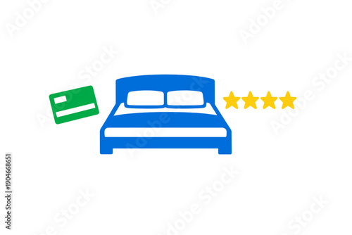 Booking hotel rooms online is easy with icons showing beds, credit cards, and star ratings for customer reviews in the digital space