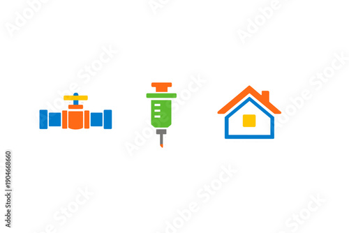 Different tools show pipe fitting, a syringe, and a house, demonstrating various fields of work such as plumbing, medicine, and construction in a clear layout