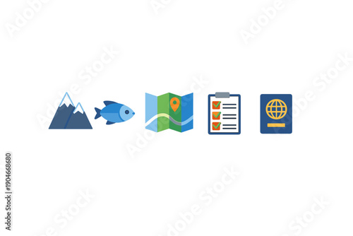 Exploring mountains, fishing, map reading, planning trips, and checking travel documents for outdoor adventures