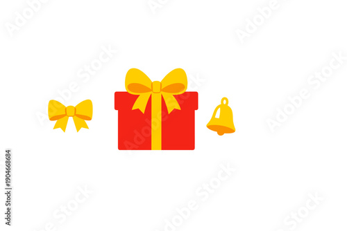 Colorful present with yellow bows and a bell on a white background shows holiday spirit and gift-giving joy during festive season celebrations