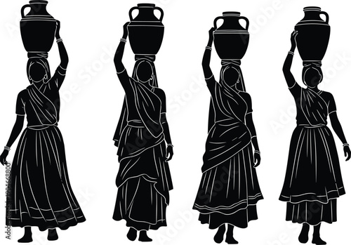 Black silhouette vector set of traditional Indian rural women wearing saris and carrying heavy water pots on their heads for village life design concepts