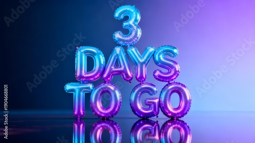 Three days countdown announcement using shiny blue and purple foil balloons against a dramatic gradient background