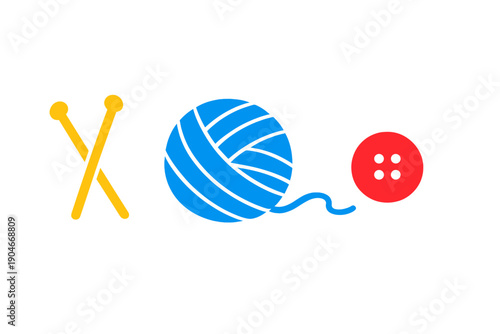 Knitting tools and supplies are shown with two yellow knitting needles, a blue ball of yarn, and a red button on a white background in a creative display