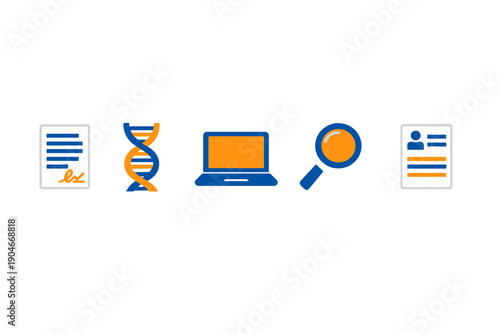 Research process in science and technology using documents, DNA symbol, computer, and magnifying glass at a laboratory setting in an educational institution
