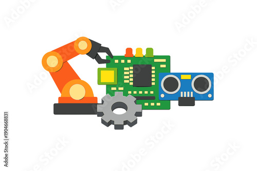 Robot arm works on circuit board with gear and sensors in a technology setting during a bright day