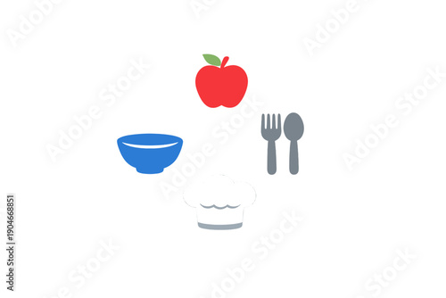 Kitchen items and food symbols in simple design on a white background showing cooking tools and ingredients