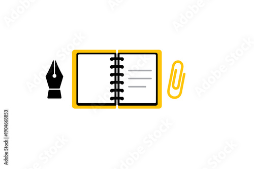 Notebook with a pen and a paperclip placed on a white background during a school or office setting