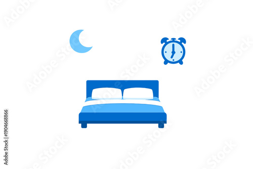 Bed with pillows and alarm clock near moon symbol at night indicating bedtime routine and sleep preparation