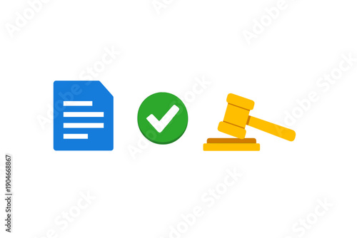 Concept of legal documents, approval checkmark, and gavel icon showing the process of creating and validating agreements and decisions in a legal setting