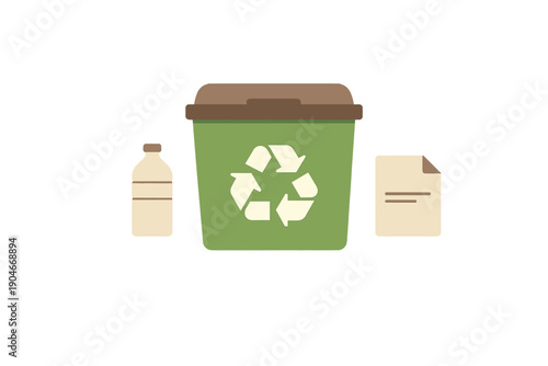 Recycling bin with bottles and papers for waste reduction and sustainability efforts in urban areas during daytime