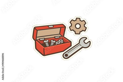 Tools and toolbox with screws and a gear layout displayed for a workshop setup or DIY project