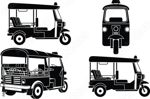 Black silhouette vector set of traditional Thai Tuk Tuk auto rickshaws showing front side and perspective views for Southeast Asia travel and urban transportation concepts
