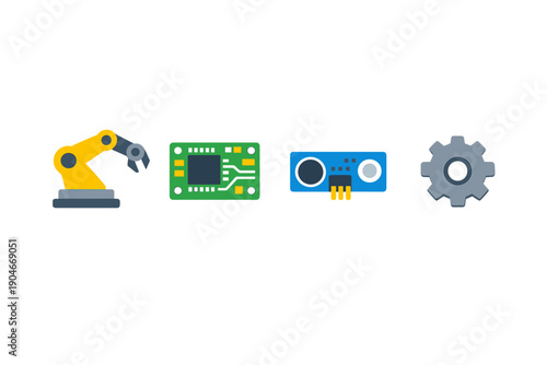 Different types of technology tools such as a robotic arm, circuit board, electronic component, and gear placed in a row for illustration of automation and electronics