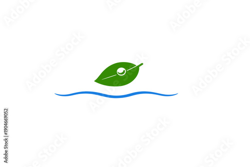 Design shows a green leaf with a dot on a calm water surface, representing nature and environment at a simple moment, encouraging a focus on water and plant life