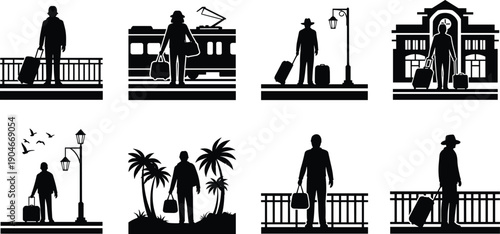 Black silhouette vector set of travelers with suitcases and bags at train stations airports and tropical vacation destinations for travel and tourism design concepts