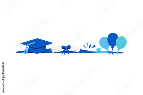 Graduation celebration with blue decorations, balloons, and a cap, taking place at a school or event space to mark accomplishments and achievements