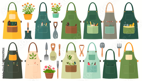 Collection of Aprons and Gardening Tools.