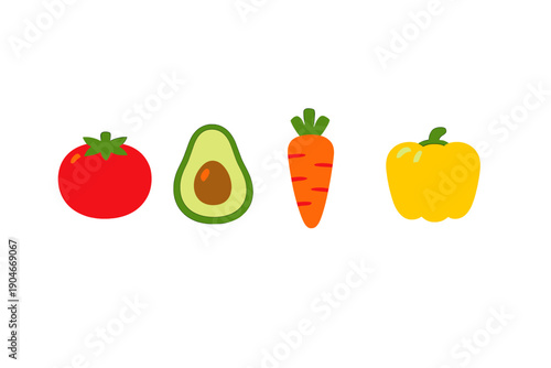 Colorful vegetables and fruits display with tomato, avocado, carrot, and yellow bell pepper arranged in a row