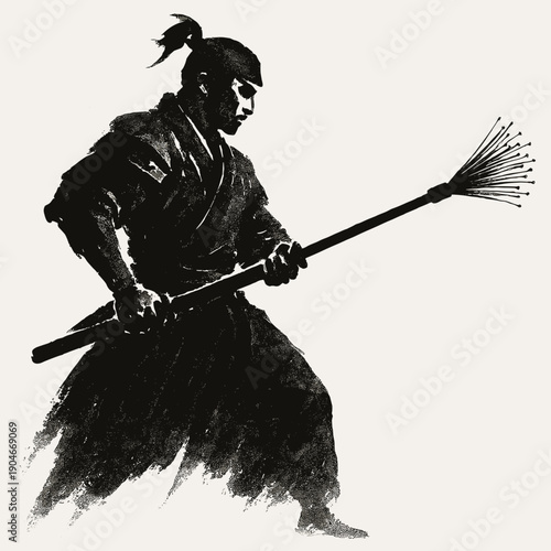 Traditional warrior holding spear in dynamic pose, ink illustration in black and white