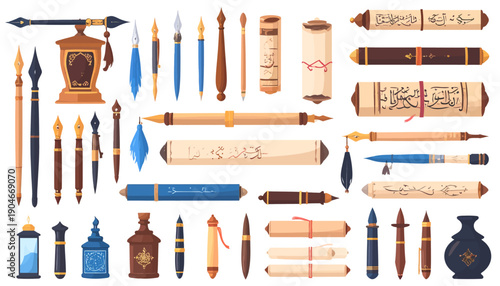 Collection of Ancient Scrolls and Writing Instruments.