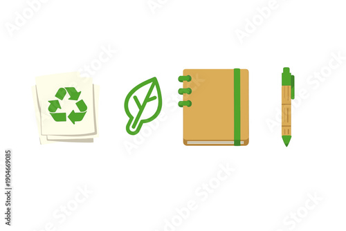Icons showing recycling, nature, a notebook, and a pen used for eco-friendly activities and note-taking