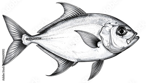 Detailed hand-drawn pompano fish illustration in a vintage engraved style, featuring realistic body proportions and fins.