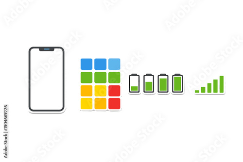Smartphone design with battery icons and signal bars showing power levels and grid layout at a digital workspace during daytime hours
