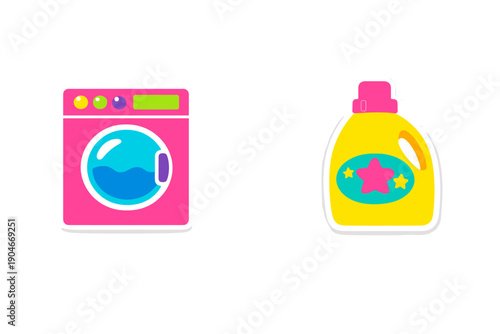 Colorful washing machine and laundry detergent bottle are displayed side by side showing symbols of cleaning and home care activities for daily use in laundry rooms