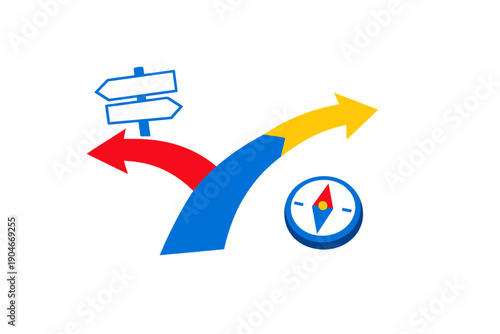Directional signs and compass symbolizing choices and paths in navigation during outdoor activities