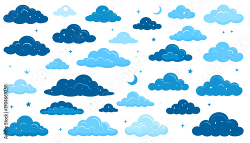 Collection of Blue Cartoon Clouds and Moon.