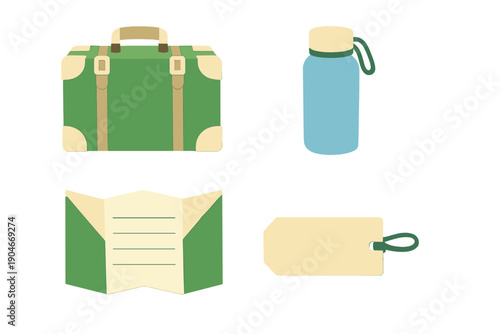 Travel items for a journey including a green suitcase, a blue water bottle, a map, and a luggage tag laid out for packing