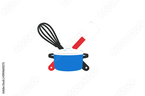 Cooking tools with a blue pot, a black whisk, and a red spatula arranged in a simple design on a white background showing kitchen elements clearly