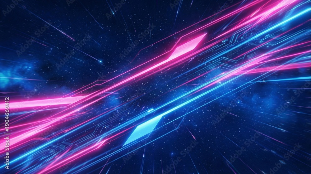 Obraz premium Futuristic speed motion background, fast diagonal light streaks, glowing pink and electric blue lines slicing across dark blue space